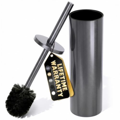 Image of Graphite Metallic Stainless Steel Toilet Brush and Holder Set | Toilet Bowl Brush and Holder with Splash Cover, Sturdy Bristles, Corrosion & Scratch Resistant, Elegant Design