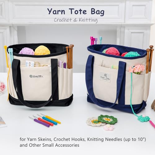 Image of MYBAGZING Canvas Yarn Storage Organizer Bag Washable Crochet Bag with Pockets for Yarn, Hooks, Needles - Travel Knitting Tote for Crafters - Gift for Crocheters & Knitters (Medium /Large)