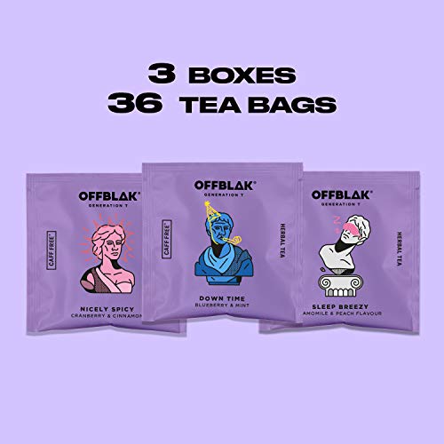 OFFBLAK - Caffeine Free Collection Down Time - 3 x 12 Tea Bags, 30g - Relax Tea, Naturally Caffeine Free Tea, Rooibos Tea Loose Leaf Pyramid - x 36 Tea Bags