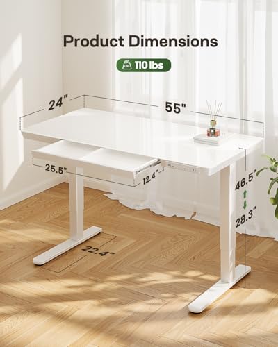 Image of Marsail Glass Standing Desk with Drawer,55 x 28 inch Electric Standing Desk, Adjustable Height Desk with Storage & USB Charging Ports, One-Piece Standing Desk for Home & Office, White