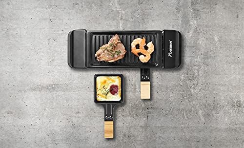 Bestron ARG150BW, Raclette dla 1 do 2 osób, mini grill stołowy z dwoma patelniami, dwoma drewnianymi skrobaczkami i dwiema podstawkami, 350 W, kolor: czarny
