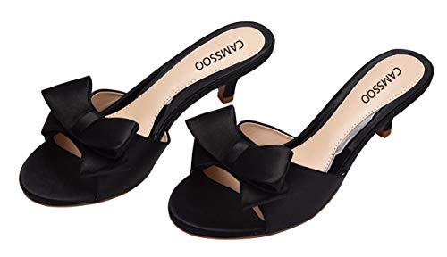 Camssoo Women's Satin Kitten Heels Mules Sandals Slip On Bowknot Open Toe Backless Dress Sexy Low Heeled Slipper Slides Black Size Us9 Eur42 #TOP1