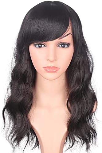 SYMEIW Medium Length Dark Brown Wavy Synthetic Hair Wigs For Black Women Shoulder Length Curly Wigs Heat Resistant Wigs With Free Wig Cap 16 Inches. (DARK BROWN(2#))