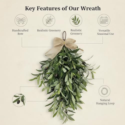 2026 Spring Olive Branch Teardrop Swag 24 Inch, Extra Full & Thick Faux Greenery with Upgraded Ribbon & Textured Leaves, Sturdy Farmhouse Hanging Wreath for Door, Wedding Arch, Kitchen (Green 1Pcs) - Image 5