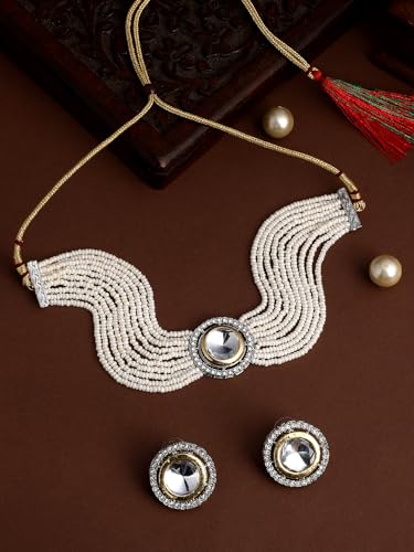 Image of ASMITTA Jewellery White Kundan Pearl Choker Necklace Set for Women with Earrings Bridal Jewellery Set for Wedding & Traditional