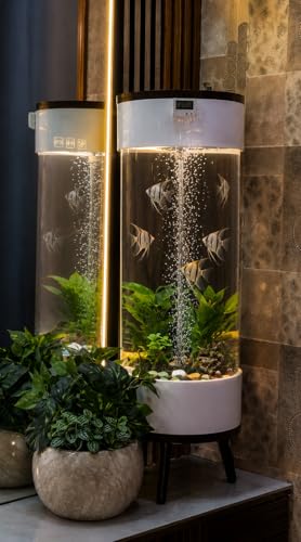 Image of MH9 55 Litre Smart Cylindrical Aquarium-Powerful Filter,Dual LED,Oxygen Bubble System,Water Drainage System,Switch Control,Digital Temp. Display,SS Leg Stand (33x33x100cm) White