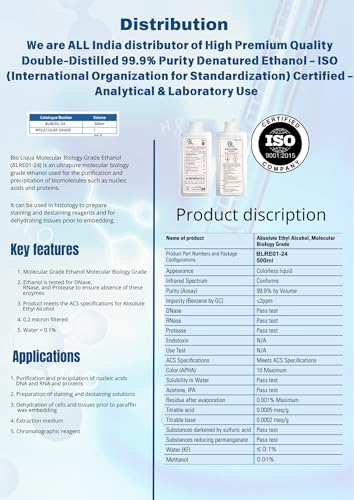 Image of High-Premium Quality Double-Distilled 99.9% Purity Denatured Ethanol ISO 9001:2015 Certified Suitable for Analytical & Laboratory Use Generic Brand | Net Volume: 500 ml