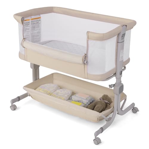 Image of HONEY JOY Baby Bassinet Bedside Sleeper, Easy Folding Portable Crib for Baby with Wheels, 6 Adjustable Heights, Storage, Mattress & Carry Bag, Bed Side Bassinet for Infant Newborn (Beige)