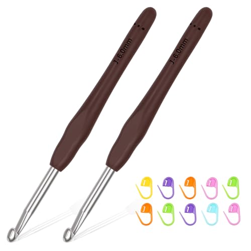 Reessy 2Pcs Crochet Hooks Set, 6.0mm Metal Crochet Hook Set with Soft Rubber Handle for Beginners and Adults, Ergonomic Crochet Hooks for Arthritis Hands Fine Crocheting