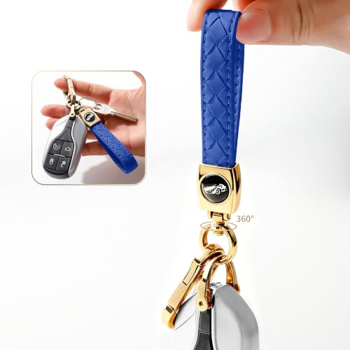 Image of Gkeygo Carabiner Keychain, Universal Heavy Duty Woven Handmade Leather Key Chain, Car Fob Key Keychains with 360 Degree Rotatable Snap Swivel and Anti-Lost D-Ring for Men and Women,Light Gold - Blue