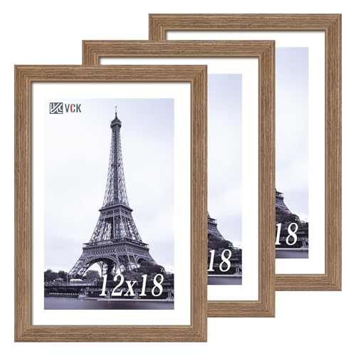 Image of VCK 12x18 Frames 3 Pack, Walnut Poster Frame MDF Wood with Polished Plexiglass, Wall Mounting Horizontal & Vertical Display