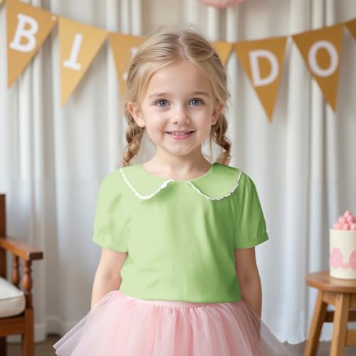 Image of MODNTOGA Kids Baby Girl Long Sleeve Collar Shirt Toddler White Blouse Puff Short Sleeve T-Shirt Solid Color Basic Top Bottom (Green, 2-3 Years(100))
