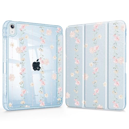 May Chen Gitter Pearl Silk for iPad (A16) 11th Generation Case 11 inch 2025, iPad 10th Gen Case 2022 10.9 inch, Sparkly Clear Back PC Protective Stand Back Cover with Pencil Holder, Flowers