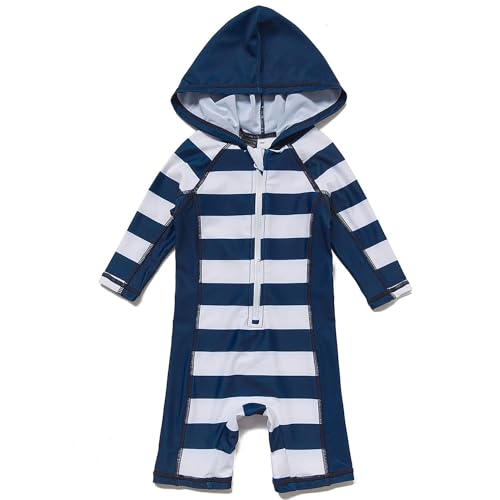 BONVERANO 水着 ラッシュガード ワンピース UPF50+ UVカット フード付き 長袖 ベビー 男の子 (Navy Stripe, 9-12 Months)
