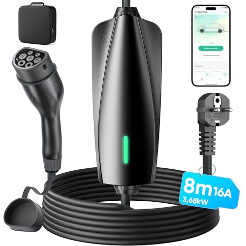 Cargador Coche Electrico 3,68kW con función de Control por App [8m, 6-16A] : Tipo 2 Mennekes schuko, Cargador Vehiculo Electrico para Model 3/Y, ID.3, ID.4, Otros PHEV/EV