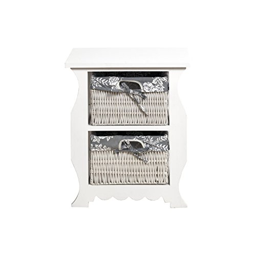 Rebecca Mobili Mesita de Noche Blanca Gris, 2 cajones, cajonera, Mimbre y Madera, Cuarto de baño Dormitorio- Medidas: 50 x 42 x 30 cm (AxANxF) - Art. RE4439