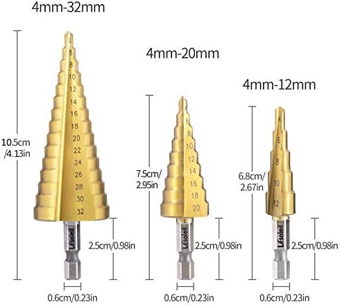 LESOLEIL HSS Step Drill Bits Set, Cone Cutter with Hex Shank Titanium Coating 3Pcs (3-12/4-20/4-32mm) for Wood, Metal, Stainless Steel, Sheet Metal-Gold
