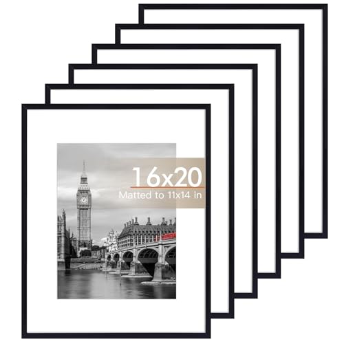 Image of Fixwal 16x20 Picture Frame Set of 6 with Shatter Resistant Plastic Cover, Thin Border Light Weight Poster Frames for Wall Gallery Display, Black
