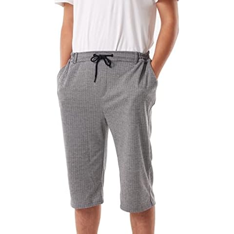 USRA 3/4 Capri Pants Rope Belt Below Knee Shorts with Pockets Flexible Athletic Yoga Pants for Men Flexwaist Stretchy Casual Fashion Jogger Beach Activewear Drawstring Viscose (Herringbone Black) Cover