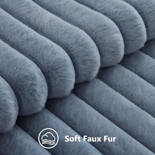 Image of decorUhome Fall Cozy Faux Fur Throw Pillow Covers 12x20 Set of 2 Decorative Soft Plush Striped Lumbar Modern Farmhouse Boho Couch Pillow Cases with Velvet Back for Sofa Bed Living Room, Grey Blue
