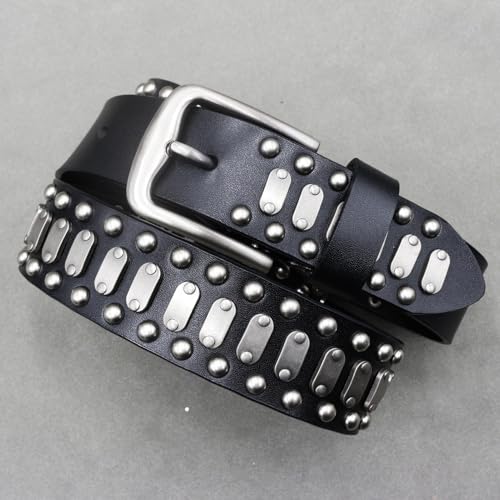 3 Row Studded Punk Leather Belt,Women Men Gothic Square Beads Metal Rivet Strap for Jeans, Pants and Accessories (115cm/45, Black)2