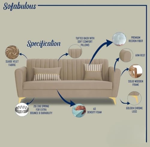 Image of MS Luxury FURNITRE Premium Luster 3-1-1 Sofa Set | Velvet Suede Fabric | 5 Color and Golden Legs & Striped Pattern Cushion wit Centre tabule Free (Beige, 3 seatar)