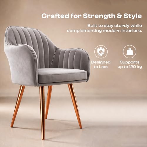 Image of Vergo Plush Velvet Dining Chair, Cushion Seat, Wooden Frame, Metal Legs, Premium Accent Chair for Dining & Lounge Chair for Living Room, Bedroom & Balcony (Set of 4, Light Grey)
