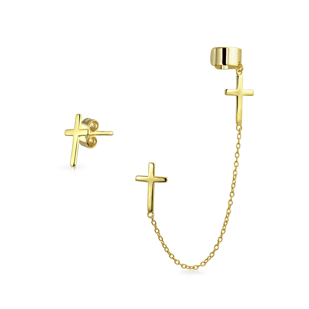 Religiöses Kreuz Ohrläppchen Knorpel Ohrring Clip On Helix Linear Long Wrap Chain Ear Cuff Stud Earring Set 14K Gold Vergoldet .925 Sterling Silber