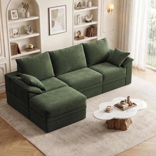 107" Modular Sectional Sofa Boneless Couch with Storage,L-Shape 3 Seat Comfy Modern Cloud Couch Sofa with Ottoman, 27" Deep Seat Corduroy Sofa for Living Room, Tool-Free Assembly - Green - image 1