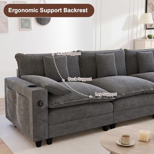 Image of KCGKCG 116 inch 3-Seater Cloud Sofa, Modular Sectional Couch, Chenille Deep Seat Cloud Couch with Charging Station, Cup Holder, Side Pocket, Double Layer Seat Cushion Couches for Living Room, Grey