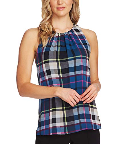 Vince Camuto Sleeveless Plaid Escape Blouse Deacon Blue MD