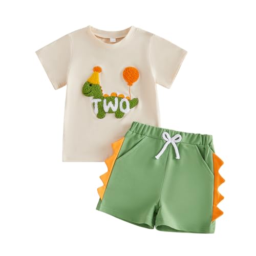 CREAIRY Toddler Baby Boy 1st 2nd Birthday Outfit Dinosaur Short Sleeve T-Shirt Tops Shorts Set Summer Clothes (Two 2-3T)