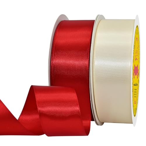 Image of 100 Yards Red Ivory Satin Ribbon Polyester Ribbon for Gift Wrapping Very Suitable for Weddings Party Hair Bow Invitation Decorations and More(1-1 /2 inch X 50Yards X 2 Roll)