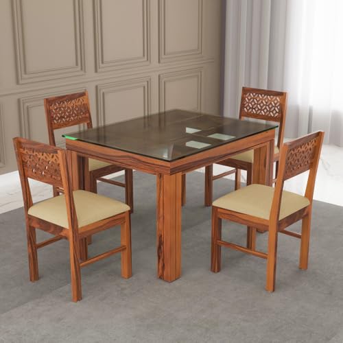 Image of Solid Sheesham Wood Dining Glass Top Table Set of 4| Wooden 4 Seater Dining Table with 4 Chairs with Cushion|Wood Dining Table & Chairs for Home, Restaurant, Dining Room |Honey Finish