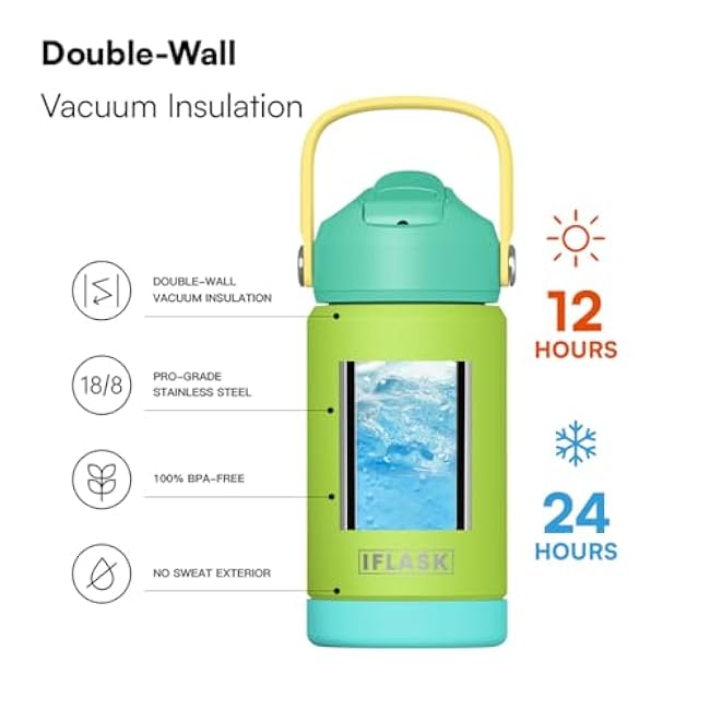 12oz Kids Water Bottle with Straw Lid | 100% Leak Proof | Insulated Stainless Steel Double Walled Thermos | BPA and Sweat free | Hot & Cold (Green)