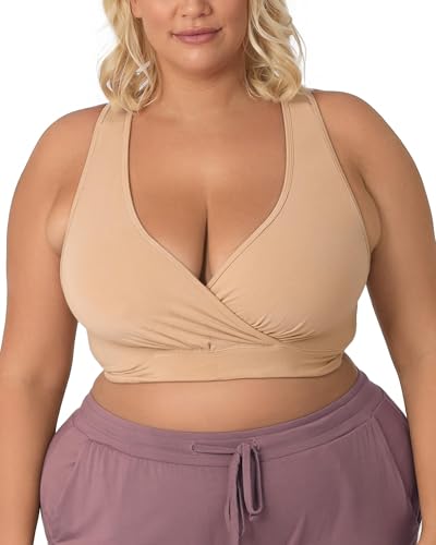 Kindred Bravely French Terry Nursing Bra for Breastfeeding and Sleep, Racerback Crossover, Soft and Stretchy Maternity Bra (Beige, Small Busty)