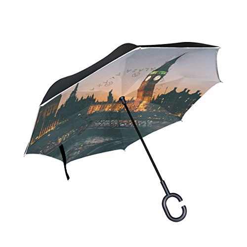 ISAOA un puede paraguas resistente al viento doble capa invertido plegable paraguas para lluvia de coche, mango en forma paraguas hermosa Londres de noche paisaje paraguas para las mujeres un Cover