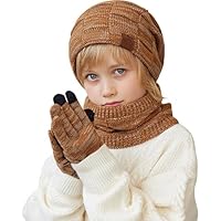 Runmeihe Kids Hat Scarf Gloves, 3 in 1 Winter Warm Knitted Set, Cold Weather Set with Knit Beanie Cap Touch Screen Gloves Circle Neck Scarf