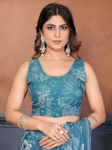 Image of Satrani Women's Georgette Floral Printed Saree with Unstitched Blouse Piece
