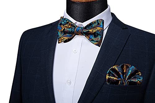 Image of DiBanGu Mens Silk Self Bow Tie Set 4PCS for Tuxedo Wedding,Teal Gold