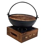Alipis Olla Caliente Fácil de Limpiar con Soporte de Madera Estilo Japonés de Hierro Fundido Aislamiento Térmico para Picnic y Camping