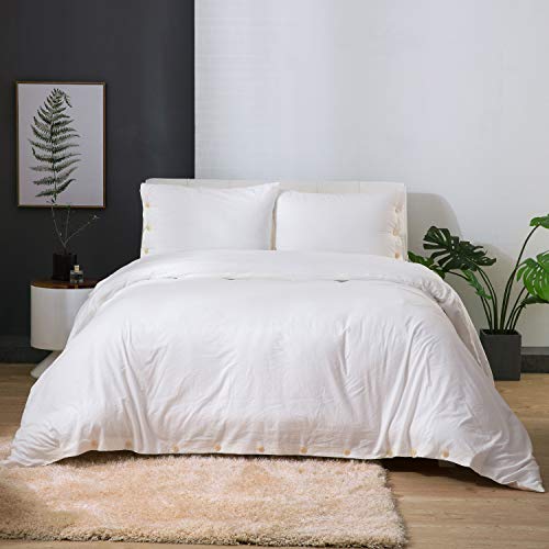 Bedsure 100% Washed Cotton Duvet Cover Sets Queen Full Size White Bedding Set