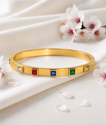 Image of Stylish Gold Plated Bangle for Women | Daily Use Stainless Steel Kada | Anti-Tarnish Waterproof Cuff | Multicolour Crystal Evil Eye | Daily Wear Bracelet For Womens | Premium Gift For Girl