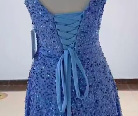 Image of ALFEICE Sparkly Sequins A Line Prom Dresses Long Spaghetti Straps Party Dresses Backless Wide Hem Ball Gowns for Women