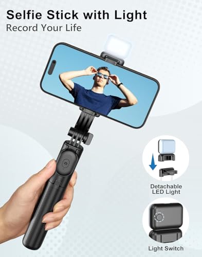 Image of Bouncefit R1S Extendable Selfie Stick with Wireless Bluetooth Remote and Tripod Stand, Rechargable LED Light, Compatible with iPhone /OnePlus /Samsung /Oppo /Vivo /Xiaomi and All Phones (70Cm)
