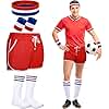Jeere 6 Pcs 80s Costume for Men 90s Workout Outfit Set Including Shorts Striped Sweatbands Headband Socks(Red, Blue,L)