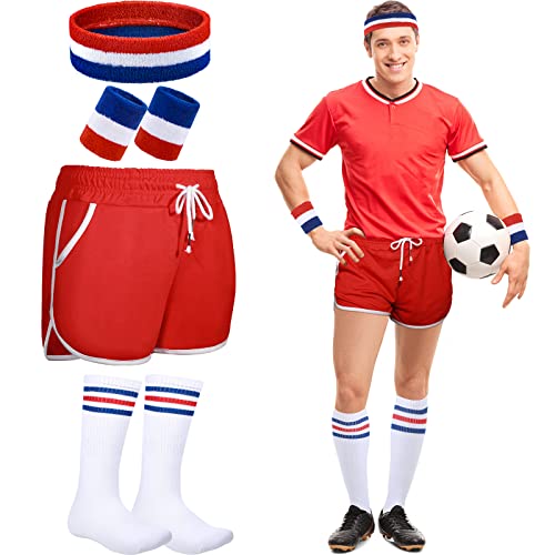 6 Pcs 80s Costume for Men 90s Workout Outfit Set Shorts Striped Sweatbands Headband Socks