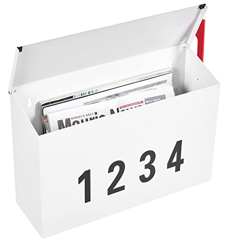 LAND·VOI Wall-Mount Mailbox with One Flag Kit and Three Sets of 0-9 Mailbox Number Stickers, Galvanized Steel Rust-Proof Metal Post Box, Mailboxes for Outside, 4.33