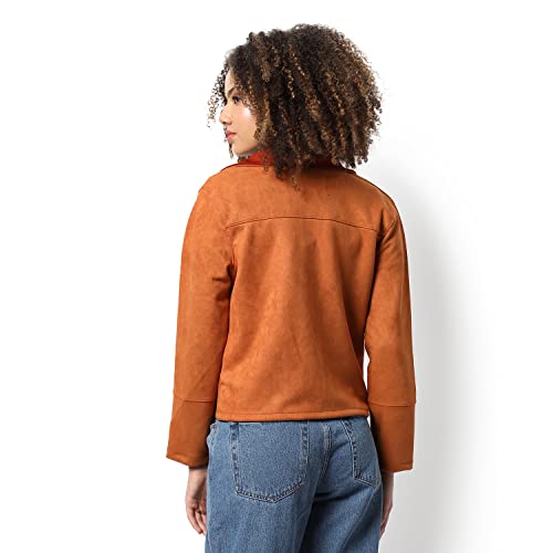 Image of Campus Sutra Women Brown Regular Fit Biker Jacket For Winter Wear | Collar Neck | Full Sleeve | Zipper | Casual Jacket For Woman & Girl | Western Stylish Jacket For Women