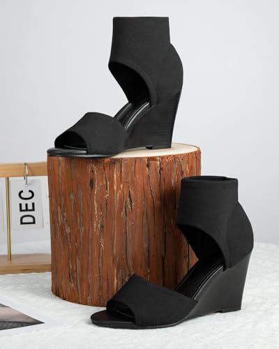 Wedge Sandals for Women Elastic Knit Peep Toe Heels Sandals Comfortable Slip On Wedges Heels Open Toe Summer Ankle Booties Sandals for Women Dressy2